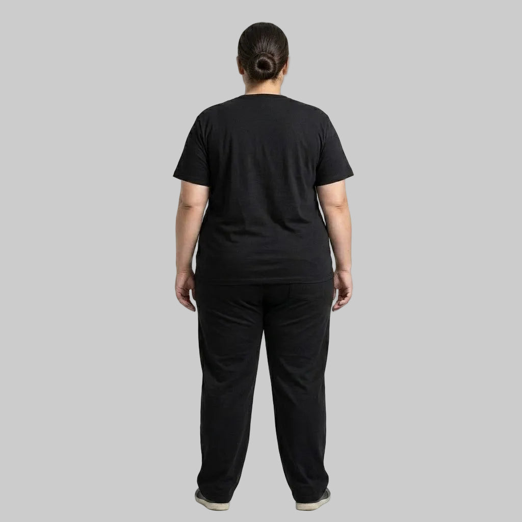 Premium black men's cotton jersey co-ord set featuring a matching short-sleeve T-shirt and comfortable bottoms for casual everyday wear.