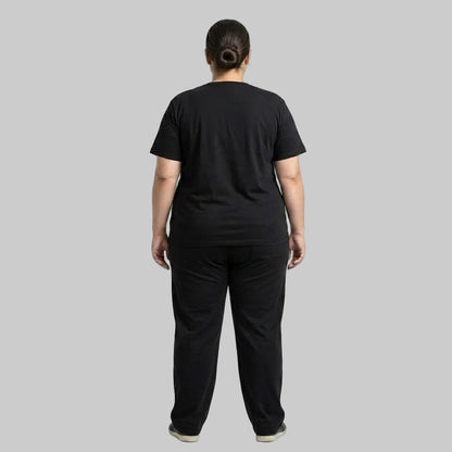 Premium black men's cotton jersey co-ord set featuring a matching short-sleeve T-shirt and comfortable bottoms for casual everyday wear.