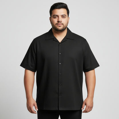 Men's premium black popcorn cotton textured safari shirt with short sleeves and button-down front.