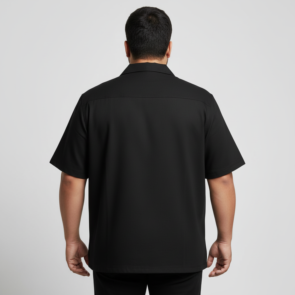 Men's premium black popcorn cotton textured safari shirt with short sleeves and button-down front.