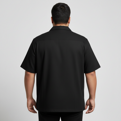Men's premium black popcorn cotton textured safari shirt with short sleeves and button-down front.