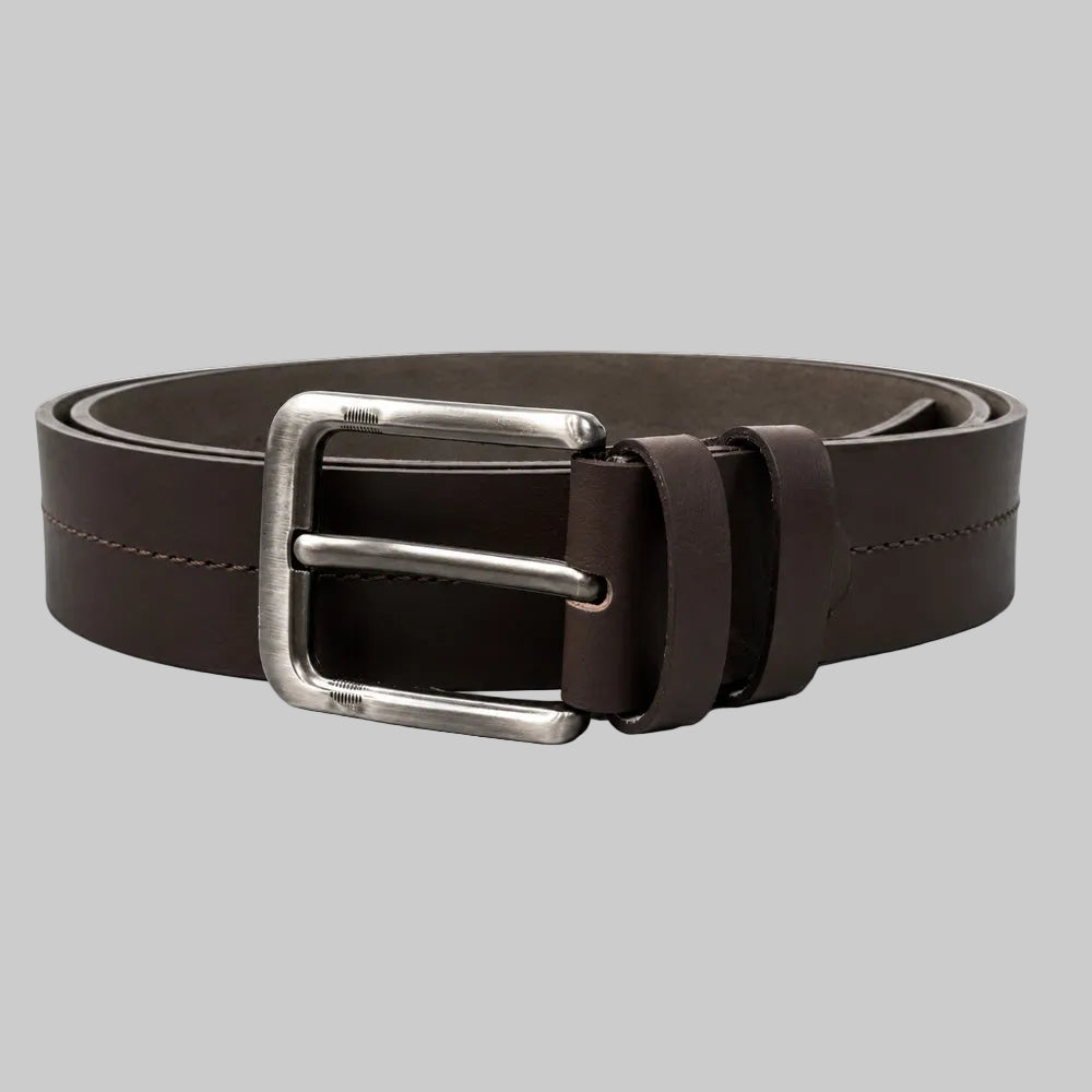 Premium brown stitched leather belt for men with elegant stitching, premium leather construction, and a durable metal buckle.