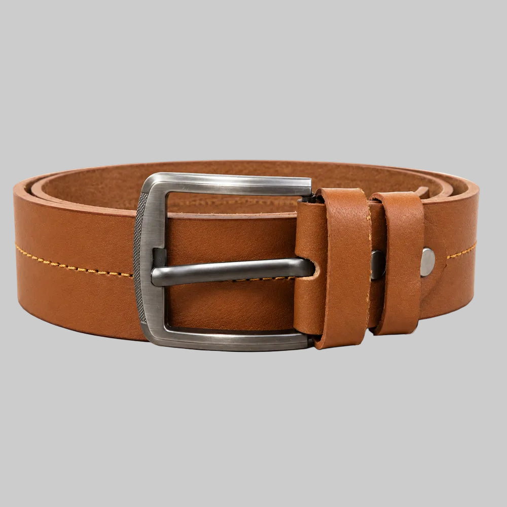 Premium camel brown leather belt for men with a durable metal buckle, premium leather construction, and a classic everyday design.