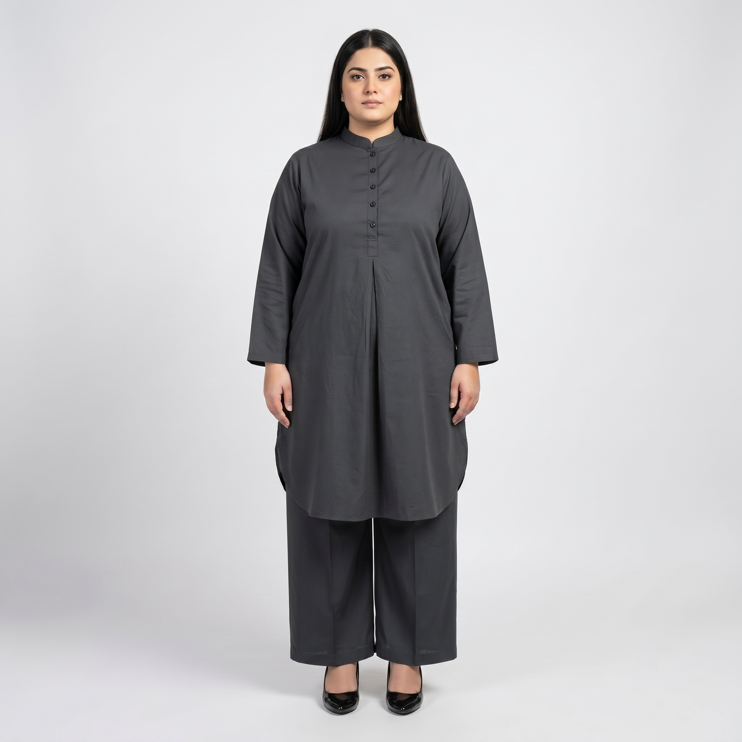 Premium Charcoal Grey Modest Cotton Lawn Co-Ord Set for Women in Soft Breathable Cotton Lawn Fabric Front View