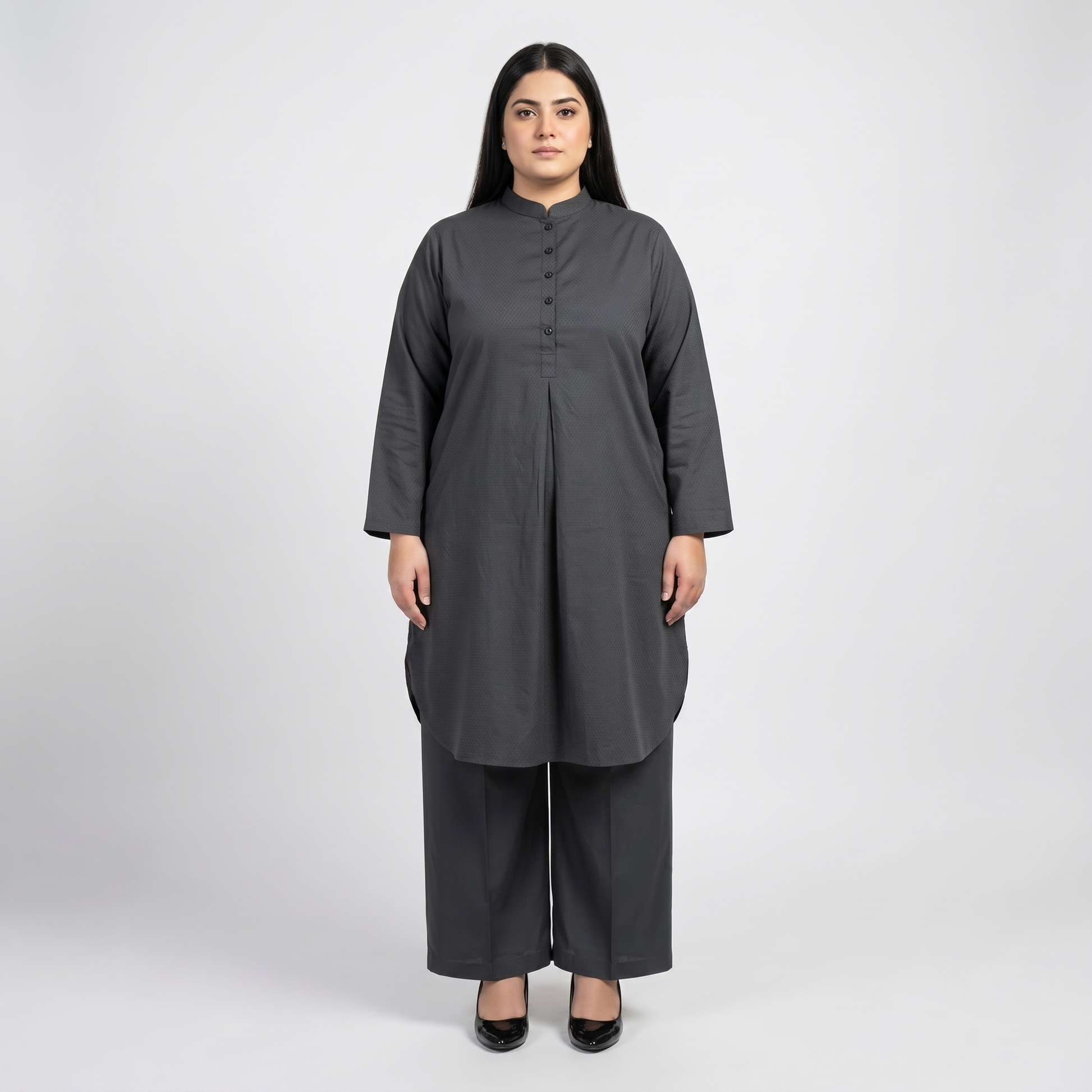 Premium Charcoal Grey Modest Cotton Lawn Co-Ord Set for Women in Soft Breathable Cotton Lawn Fabric Front View