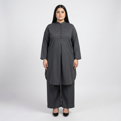 Premium Charcoal Grey Modest Cotton Lawn Co-Ord Set for Women in Soft Breathable Cotton Lawn Fabric Front View