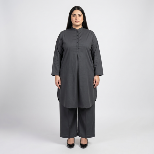 Premium Charcoal Grey Modest Cotton Lawn Co-Ord Set for Women in Soft Breathable Cotton Lawn Fabric Front View