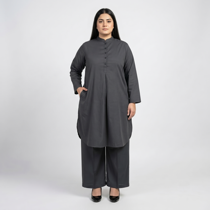 Premium Charcoal Grey Modest Cotton Lawn Co-Ord Set for Women in Soft Breathable Cotton Lawn Fabric Front View