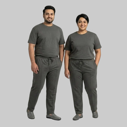 Premium charcoal men's cotton jersey co-ord set featuring a matching short-sleeve T-shirt and comfortable bottoms for casual everyday wear.