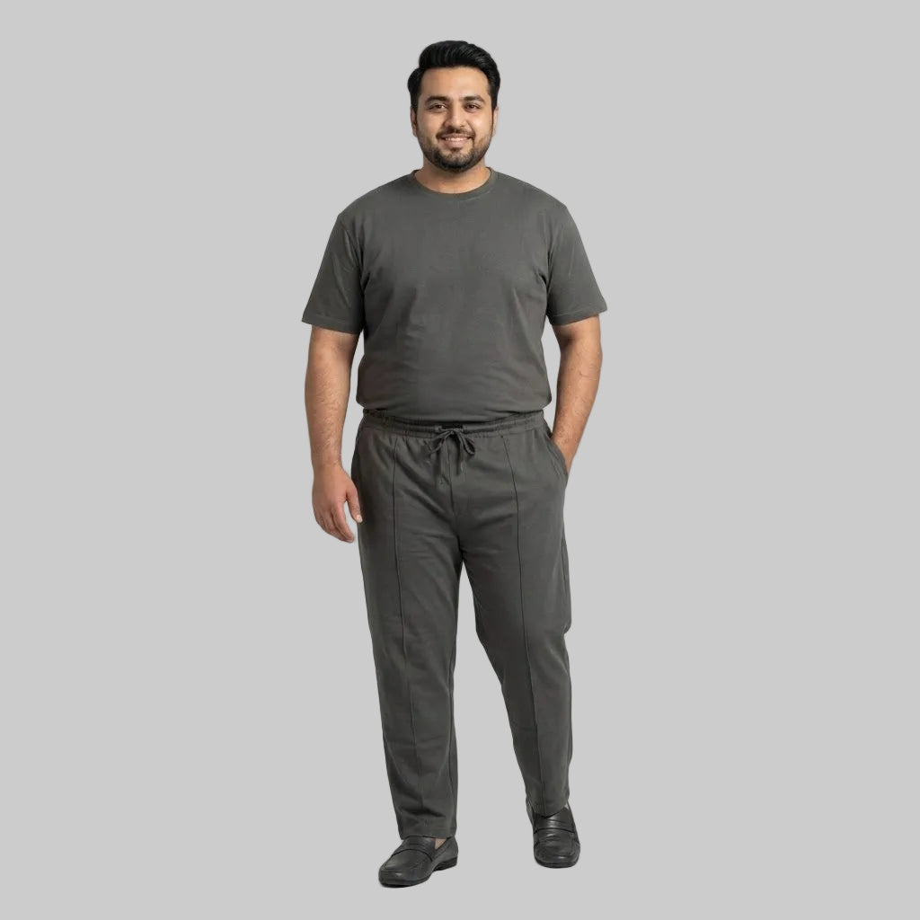 Premium charcoal men's cotton jersey co-ord set featuring a matching short-sleeve T-shirt and comfortable bottoms for casual everyday w