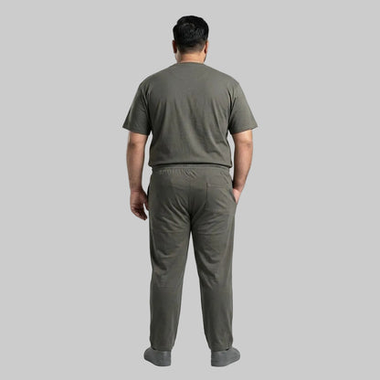 Premium charcoal men's cotton jersey co-ord set featuring a matching short-sleeve T-shirt and comfortable bottoms for casual everyday w