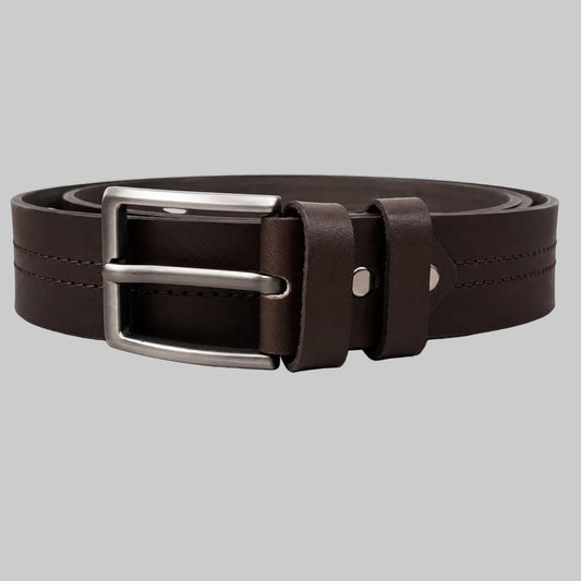 Premium dark brown double stitch leather belt for men with durable metal buckle and premium leather construction. 