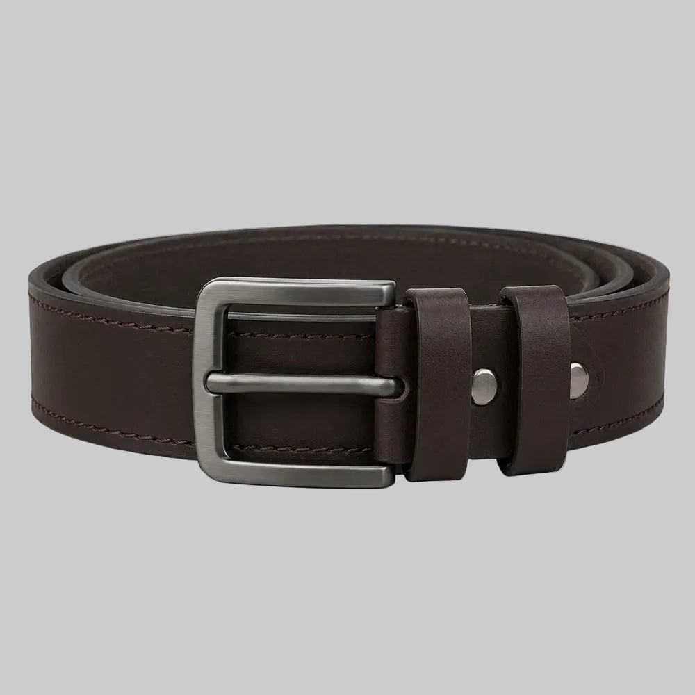 Premium dark brown leather belt for men featuring premium leather construction, a durable metal buckle, and a classic design for casual, business, and formal wear.