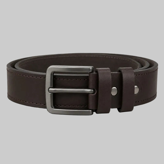 Premium dark brown leather belt for men featuring premium leather construction, a durable metal buckle, and a classic design for casual, business, and formal wear.