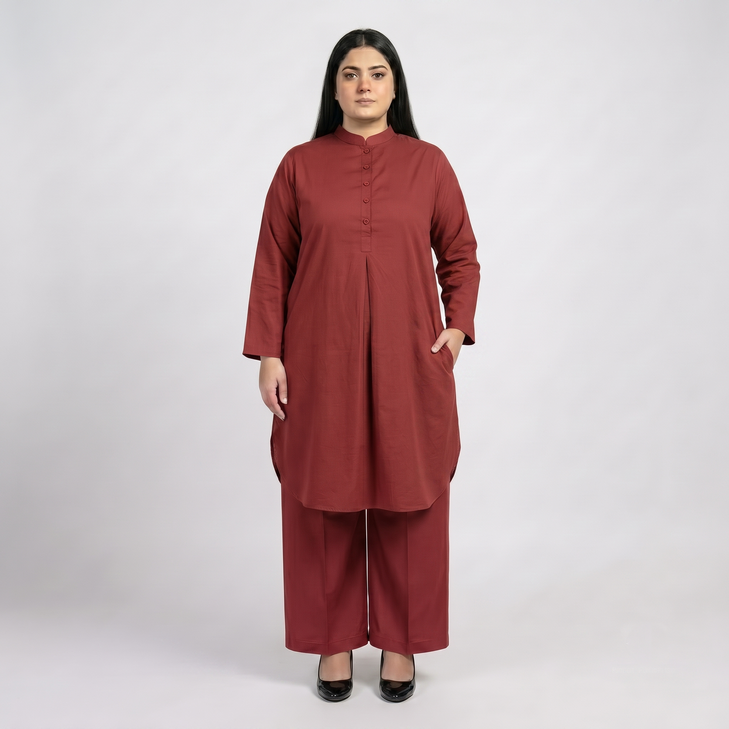 Premium Maroon Modest Cotton Lawn Co-Ord Set for Women in Soft Breathable Fabric Front View