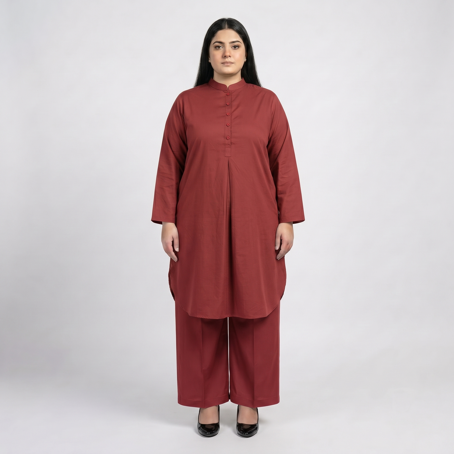 Premium Maroon Modest Cotton Lawn Co-Ord Set for Women in Soft Breathable Fabric Front View