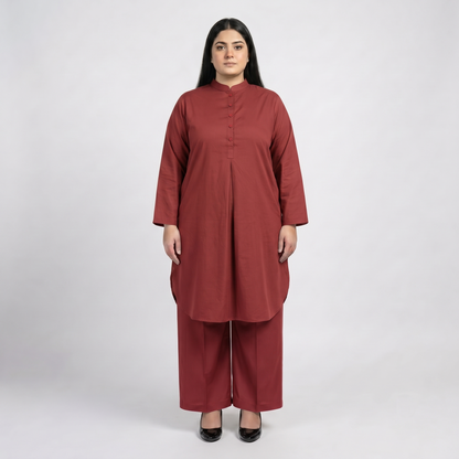Premium Maroon Modest Cotton Lawn Co-Ord Set for Women in Soft Breathable Fabric Front View