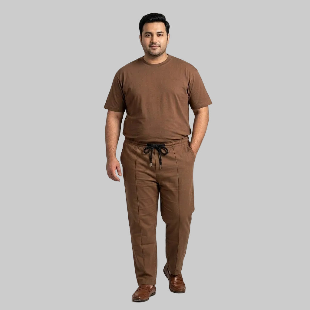 Premium Mocha Brown cotton terry co-ord set for men featuring a crewneck T-shirt and matching drawstring trousers with a comfortable casual fit.