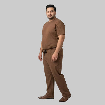 Premium Mocha Brown cotton terry co-ord set for men featuring a crewneck T-shirt and matching drawstring trousers with a comfortable casual fit.