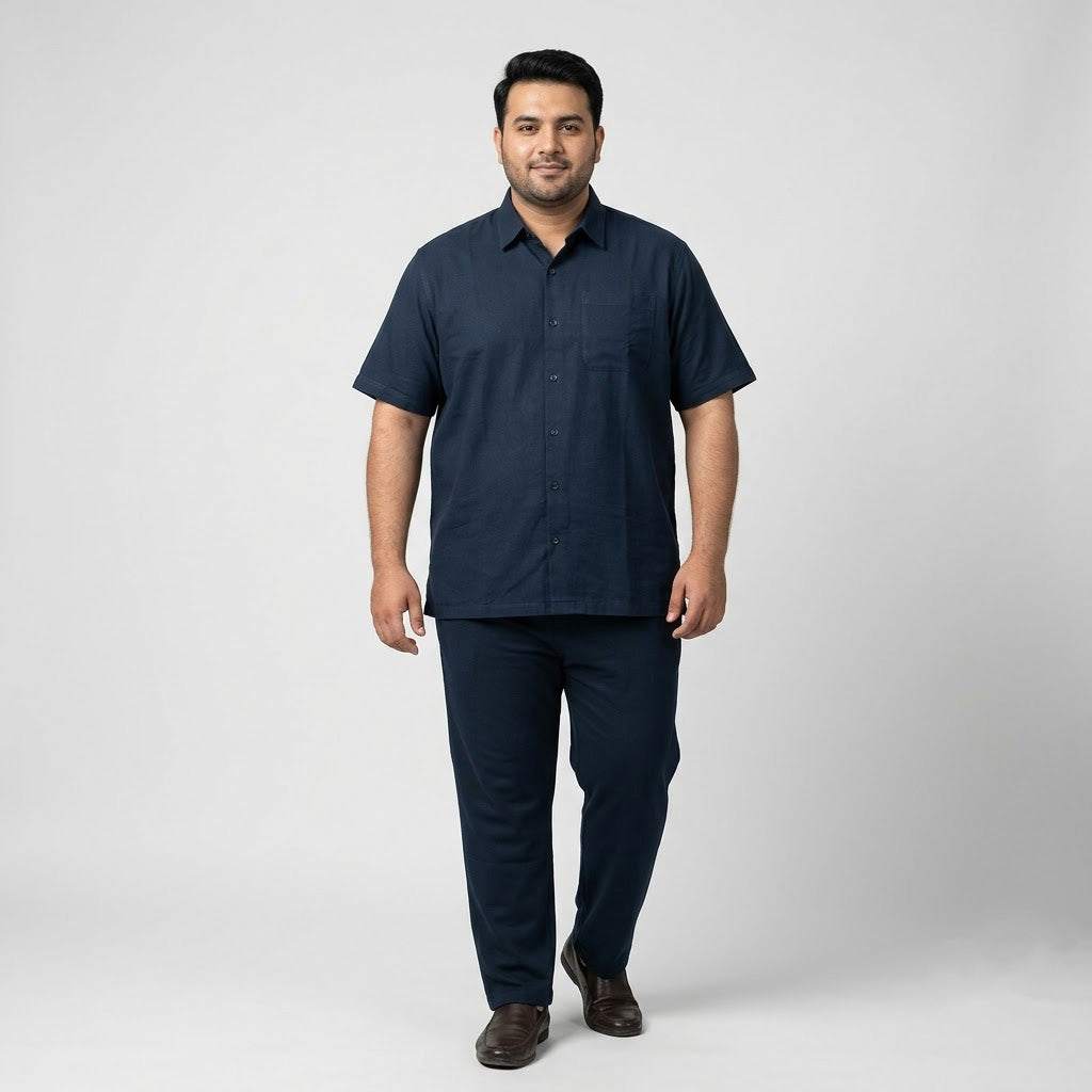 Premium Navy Blue Irish Linen Co-Ord Set for men featuring a short-sleeve button-down shirt and matching straight-fit trousers crafted from breathable Irish linen fabric.