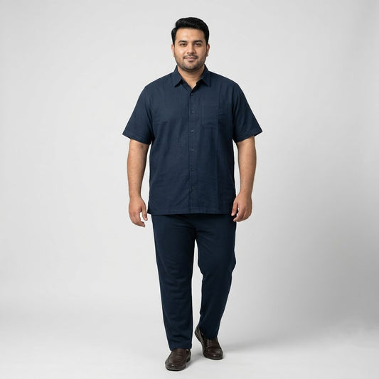 Premium Navy Blue Irish Linen Co-Ord Set for men featuring a short-sleeve button-down shirt and matching straight-fit trousers crafted from breathable Irish linen fabric.