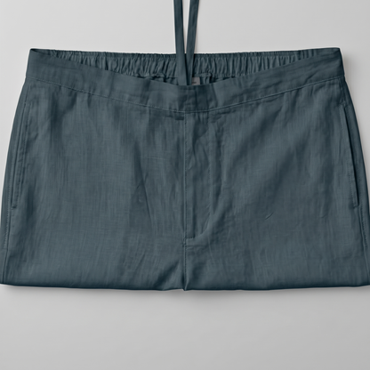 Premium Navy Blue Irish Linen Co-Ord Set for men featuring a short-sleeve button-down shirt and matching straight-fit trousers crafted from breathable Irish linen fabric.