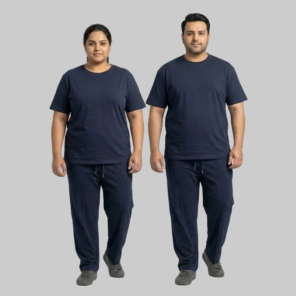 Premium navy men's cotton jersey co-ord set featuring a matching short-sleeve T-shirt and comfortable bottoms for casual everyday wear.