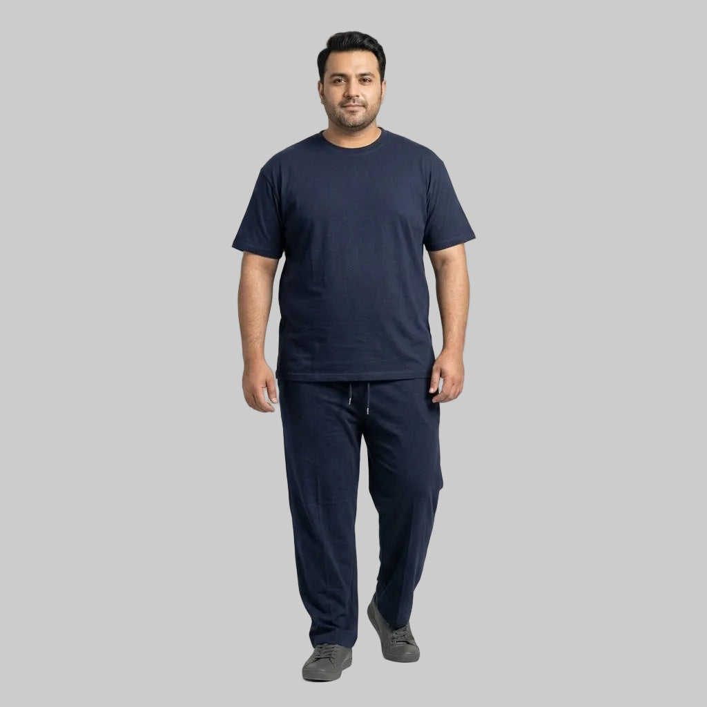 Premium navy men's cotton jersey co-ord set featuring a matching short-sleeve T-shirt and comfortable bottoms for casual everyday wear.