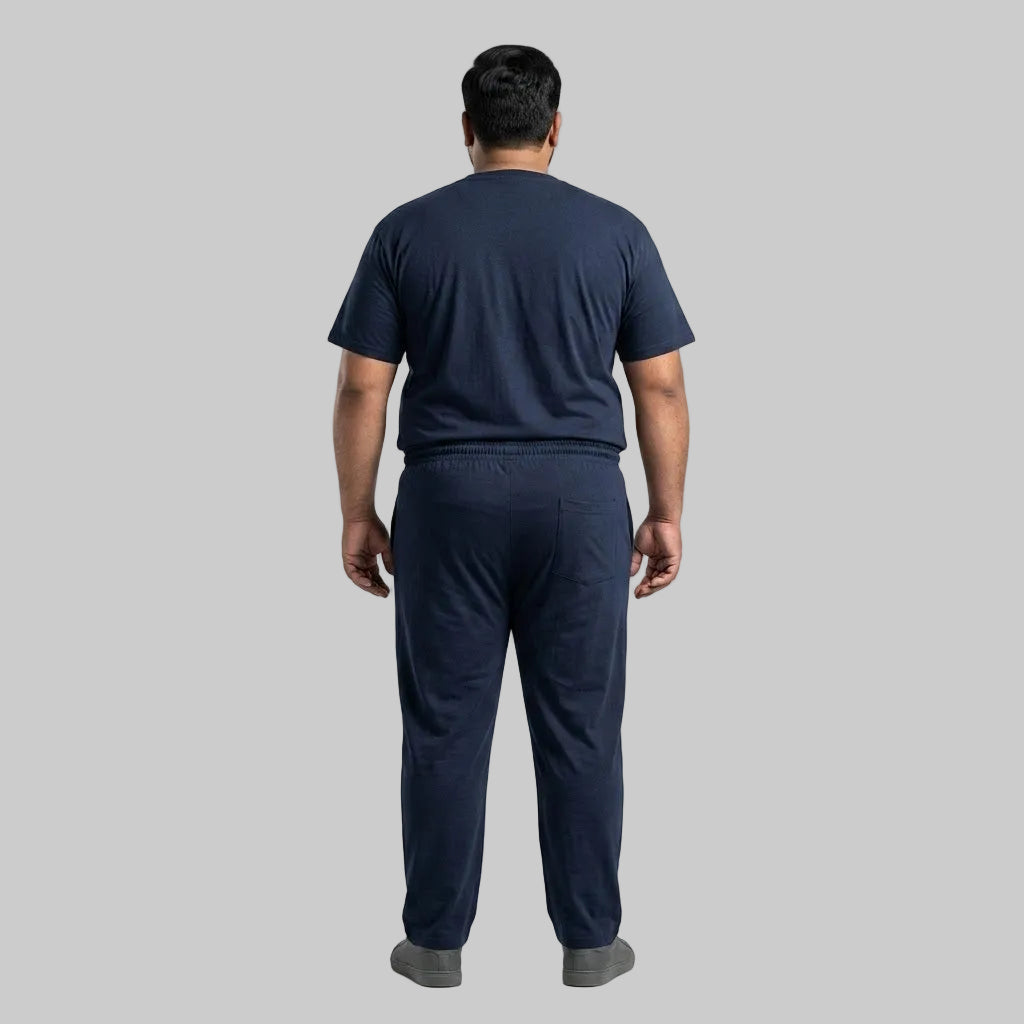 Premium navy men's cotton jersey co-ord set featuring a matching short-sleeve T-shirt and comfortable bottoms for casual everyday wear.