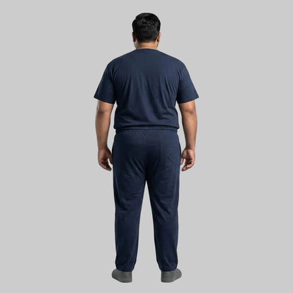 Premium navy men's cotton jersey co-ord set featuring a matching short-sleeve T-shirt and comfortable bottoms for casual everyday wear.