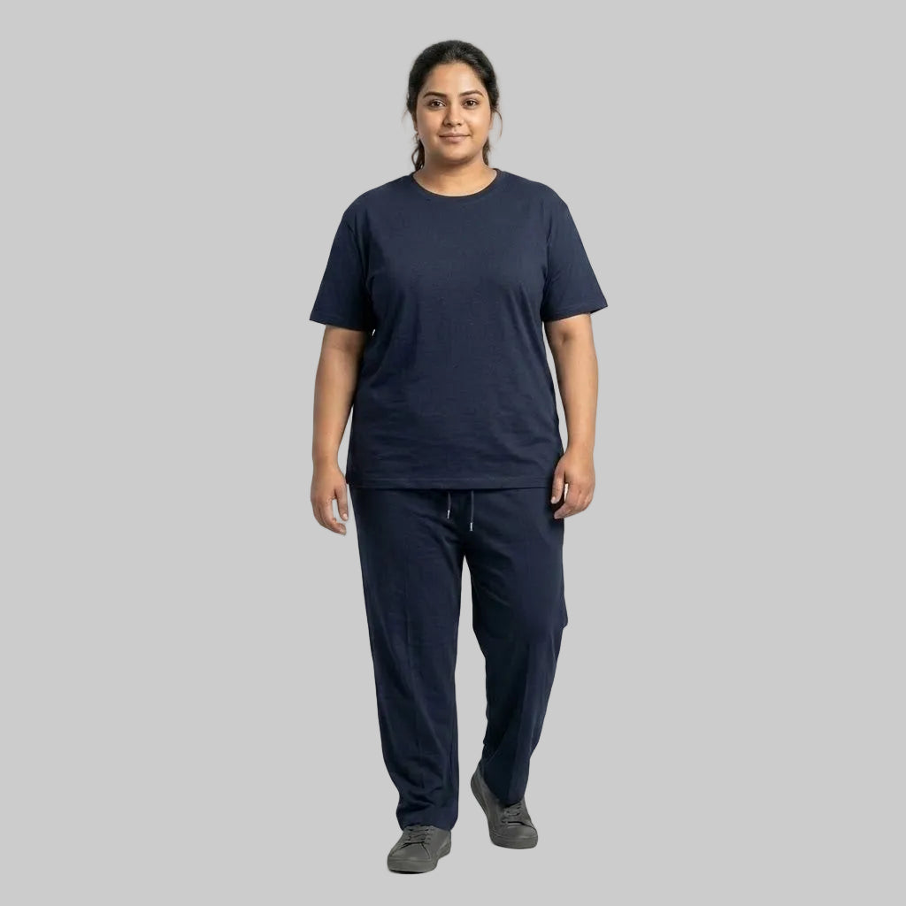 Premium navy men's cotton jersey co-ord set featuring a matching short-sleeve T-shirt and comfortable bottoms for casual everyday wear.