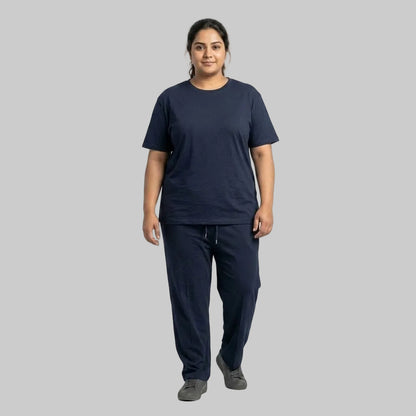 Premium navy men's cotton jersey co-ord set featuring a matching short-sleeve T-shirt and comfortable bottoms for casual everyday wear.