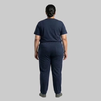 Premium navy men's cotton jersey co-ord set featuring a matching short-sleeve T-shirt and comfortable bottoms for casual everyday wear.
