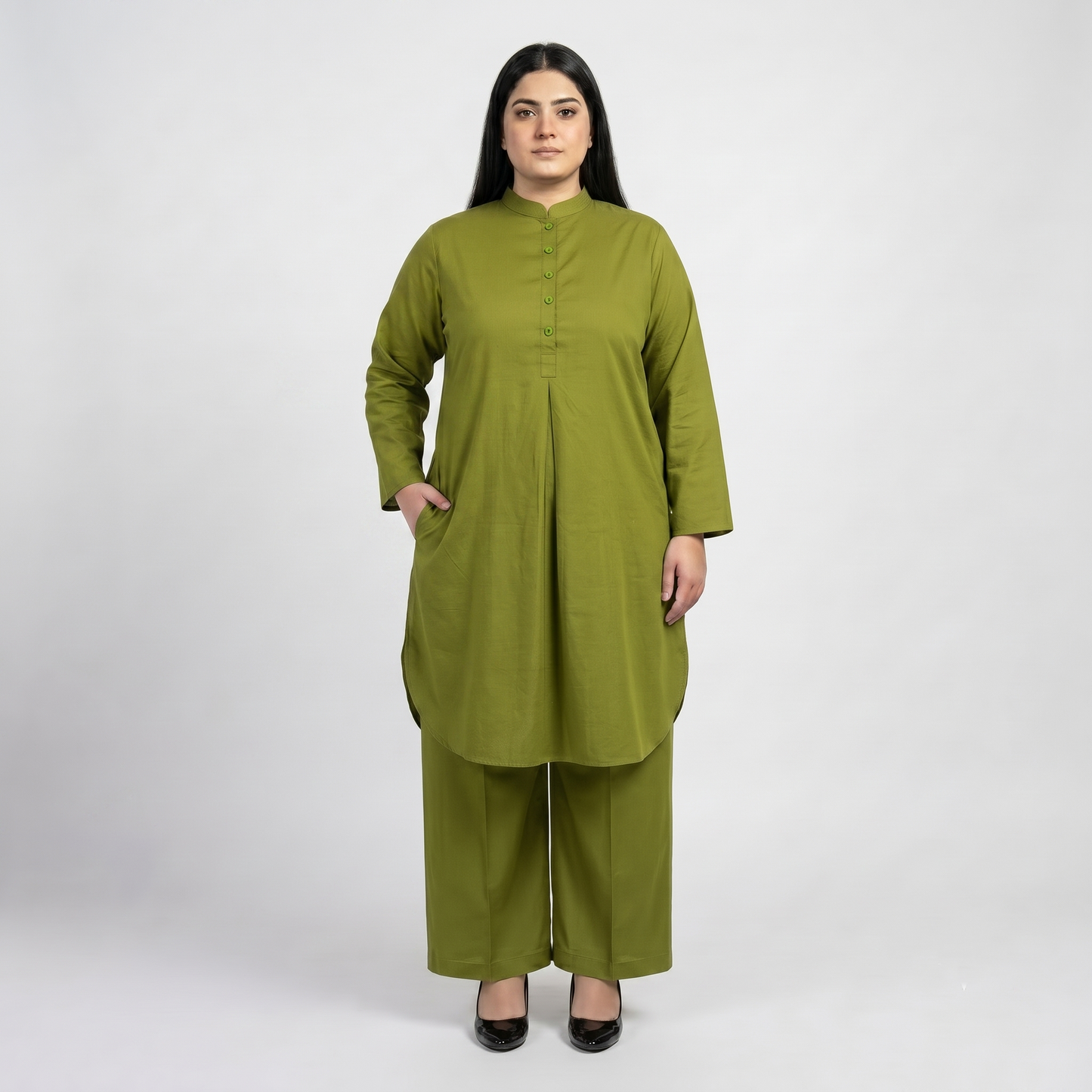 Premium Olive Green Modest Cotton Lawn Co-Ord Set for Women in Soft Breathable Fabric Front View