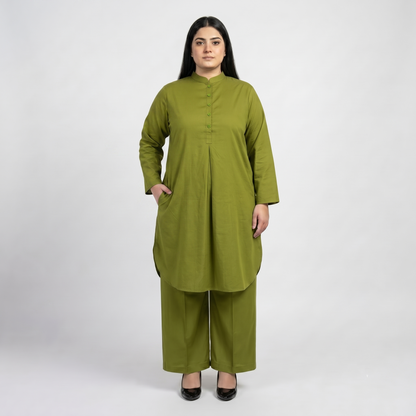 Premium Olive Green Modest Cotton Lawn Co-Ord Set for Women in Soft Breathable Fabric Front View