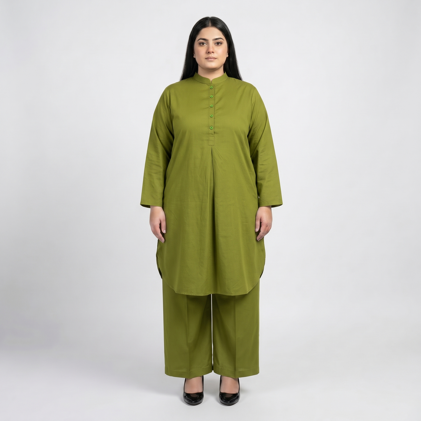 Premium Olive Green Modest Cotton Lawn Co-Ord Set for Women in Soft Breathable Fabric Front View