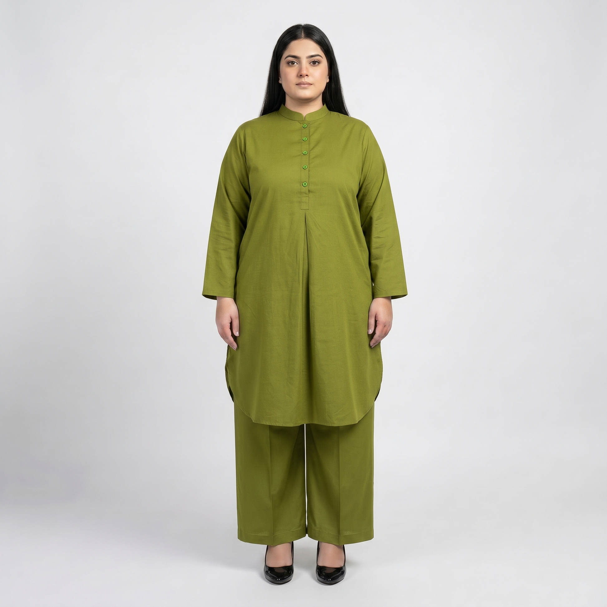 Premium Olive Green Modest Cotton Lawn Co-Ord Set for Women in Soft Breathable Fabric Front View