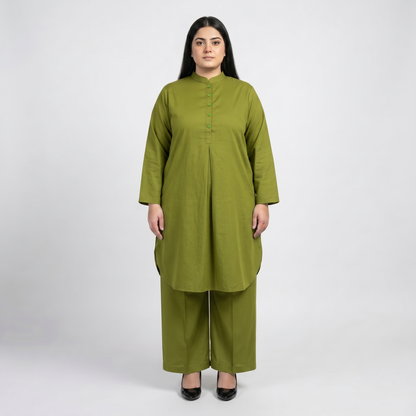 Premium Olive Green Modest Cotton Lawn Co-Ord Set for Women in Soft Breathable Fabric Front View