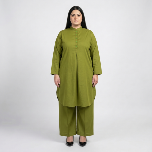 Premium Olive Green Modest Cotton Lawn Co-Ord Set for Women in Soft Breathable Fabric Front View