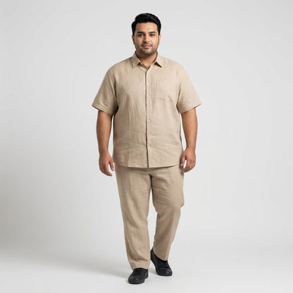 Premium Sand Beige Irish Linen Co-Ord Set for men featuring a short-sleeve button-down shirt and matching straight-fit trousers in breathable Irish linen fabric.