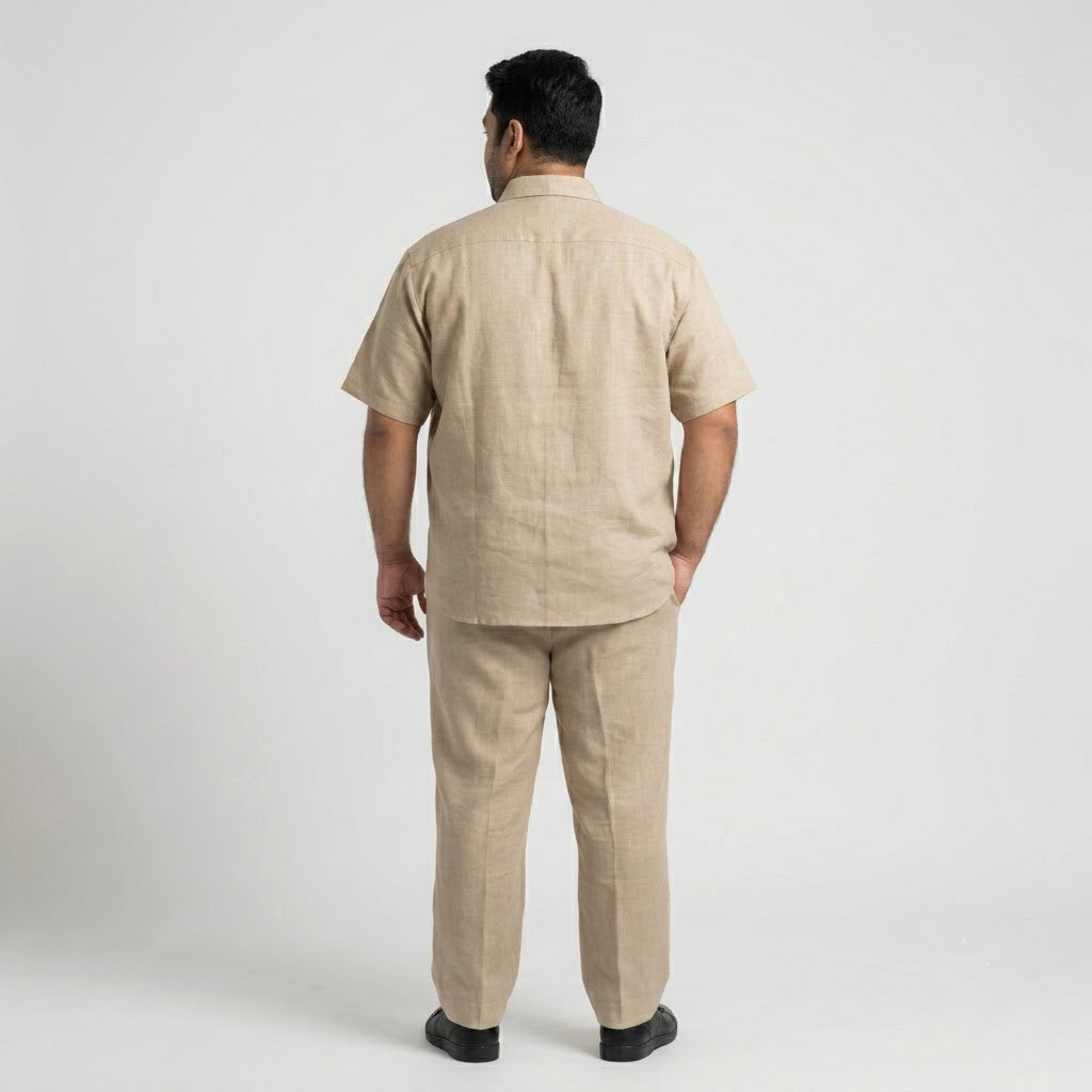 Premium Sand Beige Irish Linen Co-Ord Set for men featuring a short-sleeve button-down shirt and matching straight-fit trousers in breathable Irish linen fabric.
