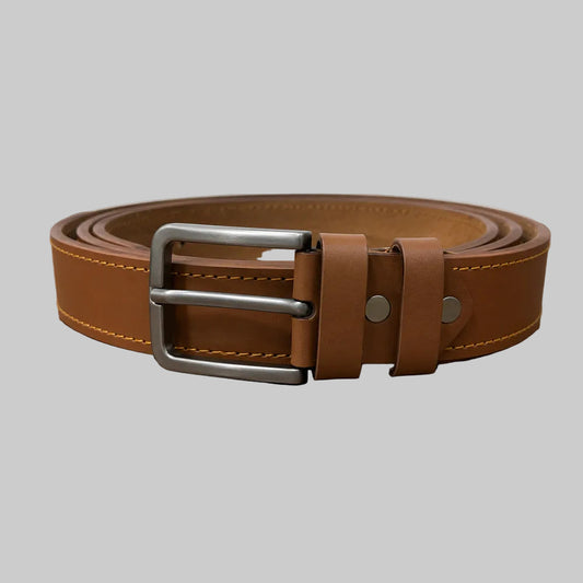 Premium tan leather belt for men featuring premium leather construction, a smooth finish, and a durable metal buckle for casual and formal wear.