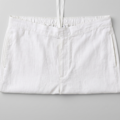 Premium White Irish Linen Co-Ord Set for men featuring a short-sleeve button-down shirt and matching straight-fit trousers in breathable Irish linen fabric.