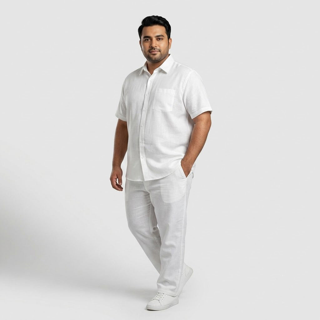 Premium White Irish Linen Co-Ord Set for men featuring a short-sleeve button-down shirt and matching straight-fit trousers in breathable Irish linen fabric.