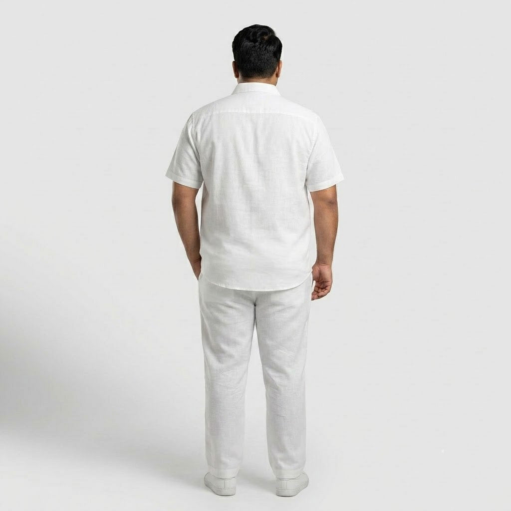 Premium White Irish Linen Co-Ord Set for men featuring a short-sleeve button-down shirt and matching straight-fit trousers in breathable Irish linen fabric.
