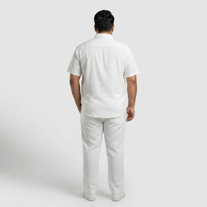 Premium White Irish Linen Co-Ord Set for men featuring a short-sleeve button-down shirt and matching straight-fit trousers in breathable Irish linen fabric.