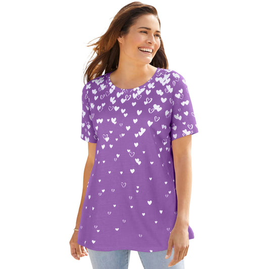 Woman wearing violet floral crewneck T-shirt with falling hearts and relaxed fit

