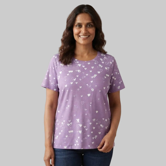 Women's Pretty Violet Falling Hearts Floral Crewneck T-Shirt made from soft jersey fabric, featuring a floral and hearts graphic on a white background.
