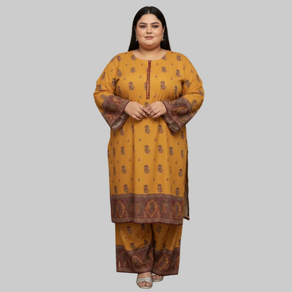 Printed Linen 2-Piece Suit – Mustard PSW-10690
