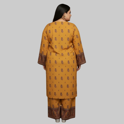 Printed Linen 2-Piece Suit – Mustard PSW-10690
